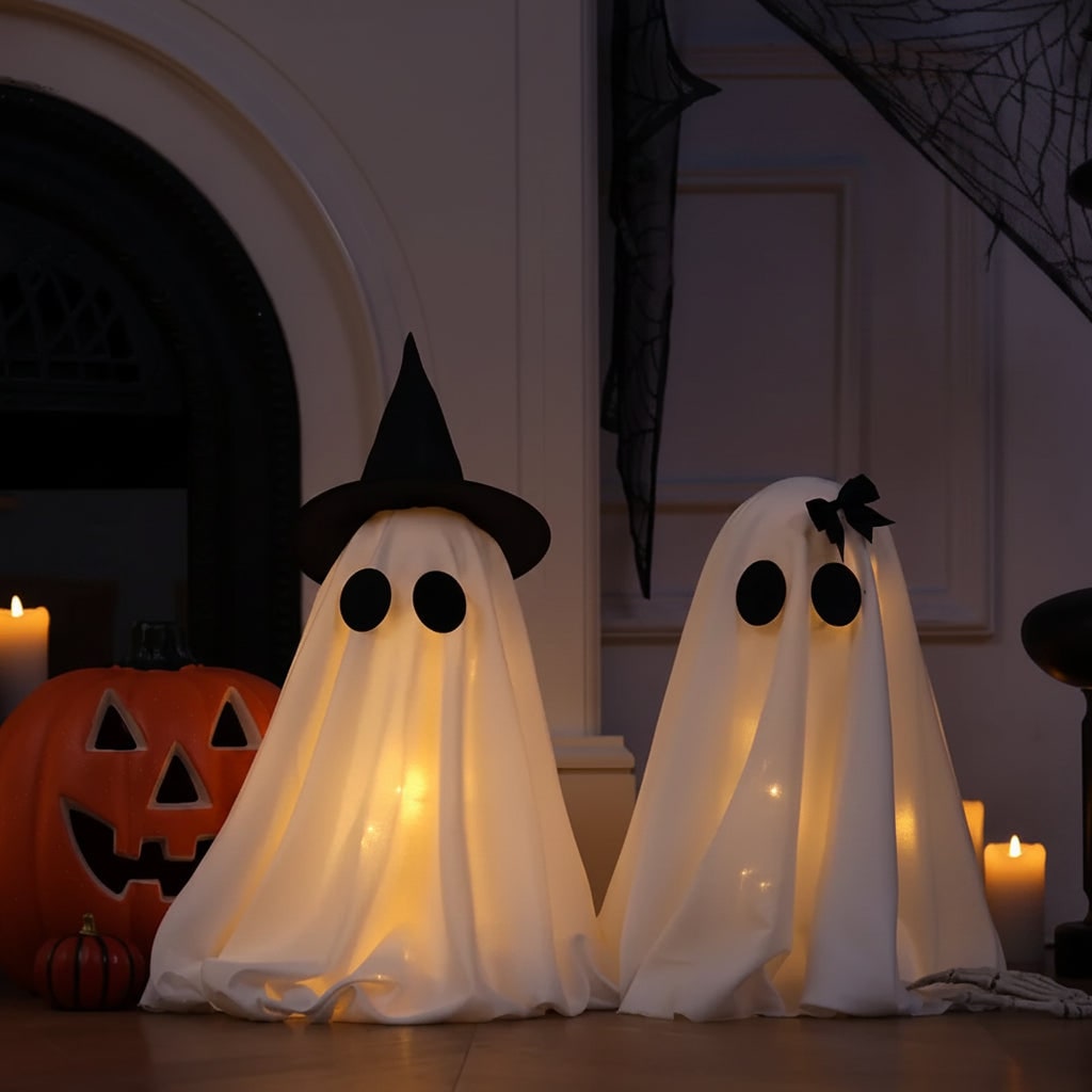 Halloween Ghost Decorations with Warm White LED Lights Set of Two Up for Tabletop Party Decor
