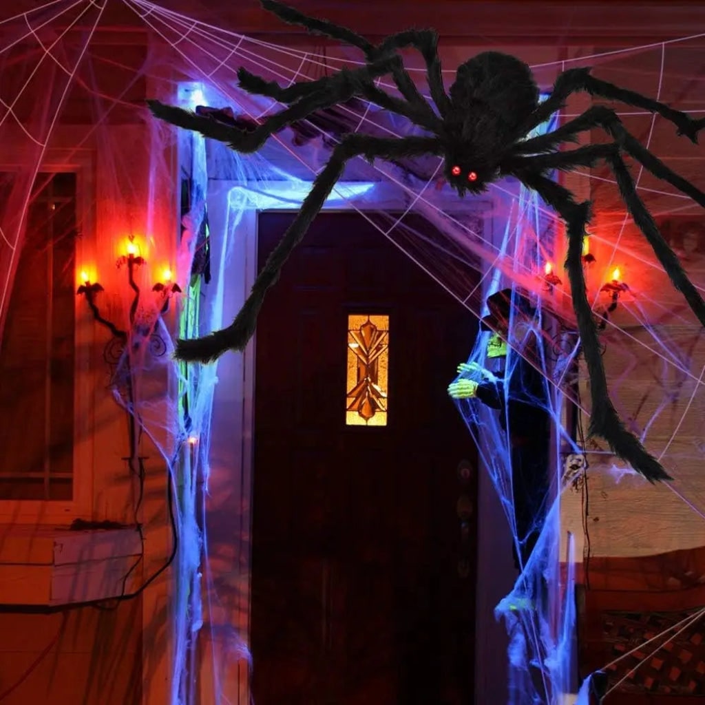 Halloween Giant Spider Web Decoration with Poseable Fuzzy and Rope for Outdoor Yard