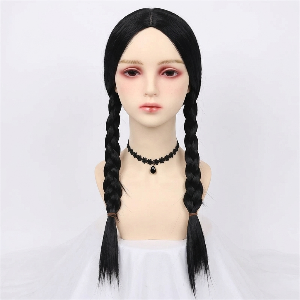 Halloween gothic schoolgirl Costume Dress with White Collar and Braided Cosplay Outfit