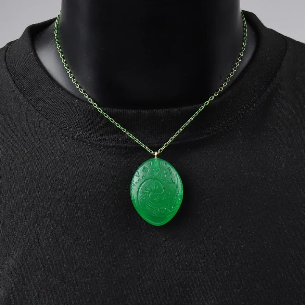 Halloween Green Jade Stone Pendant Necklace Large Charm