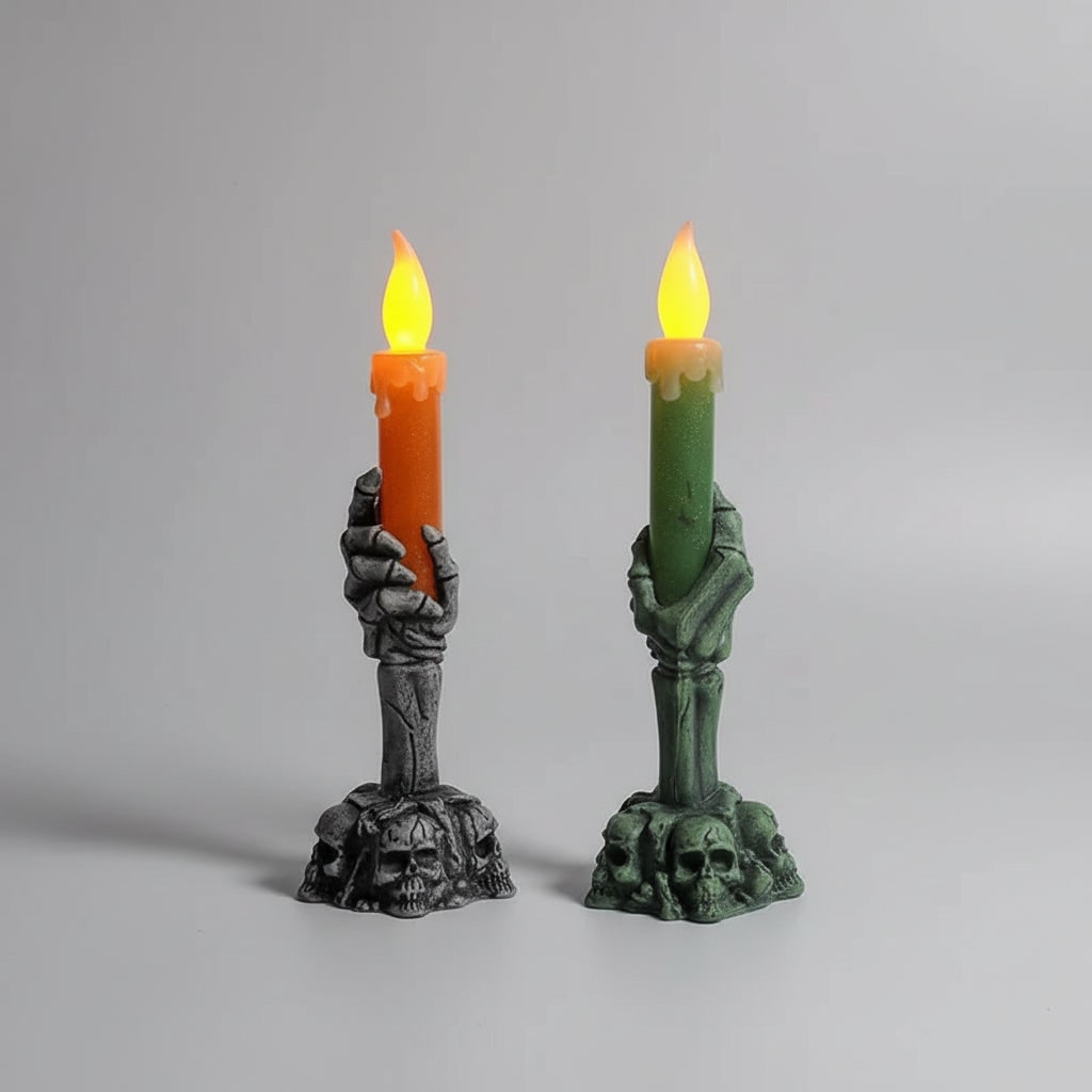 Halloween Hand Poured Soy Candles with Skeleton Holder and LED Flame Light for Party Decoration