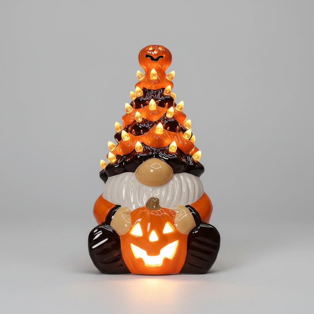 Halloween Jack O Lantern Ceramic Gnome Light-Up Figurine with Pumpkin for Party Decorations