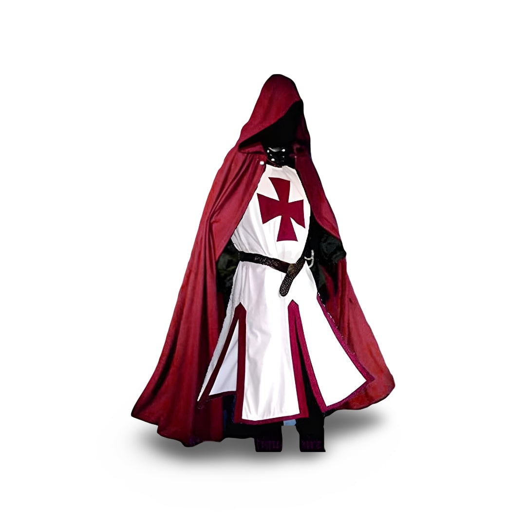 Halloween Medieval Knight Costume Tunic with Hooded and Templar Cross for Cosplay Party