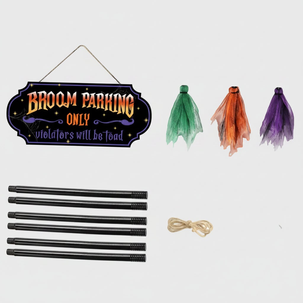 Halloween No Parking Anytime Broom Sign with Decorative Mesh Outdoor Yard Decoration