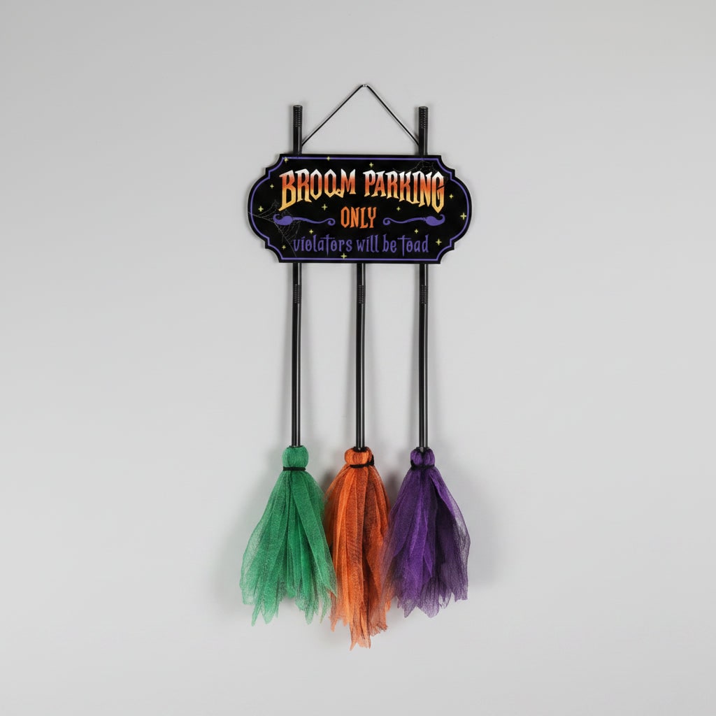 Halloween No Parking Anytime Broom Sign with Decorative Mesh Outdoor Yard Decoration