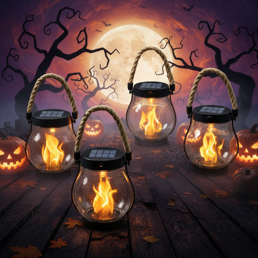 Halloween Outdoor Solar Hanging Lantern with Flickering Flame Effect and Rechargeable Usb-C