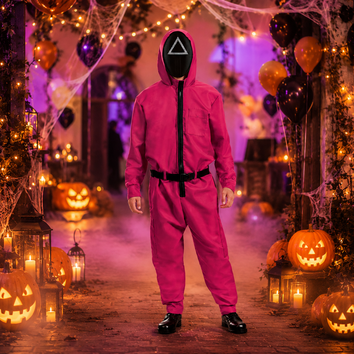 Halloween Pink Jumpsuit Costume with and Belt for Party