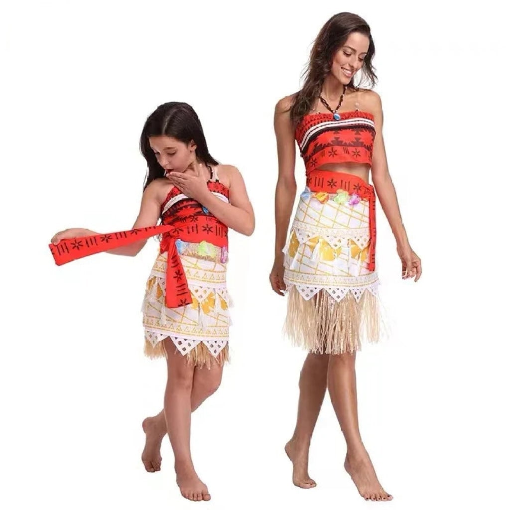 Halloween Princess Costume with Tropical Print Top Grass Skirt and Pendant