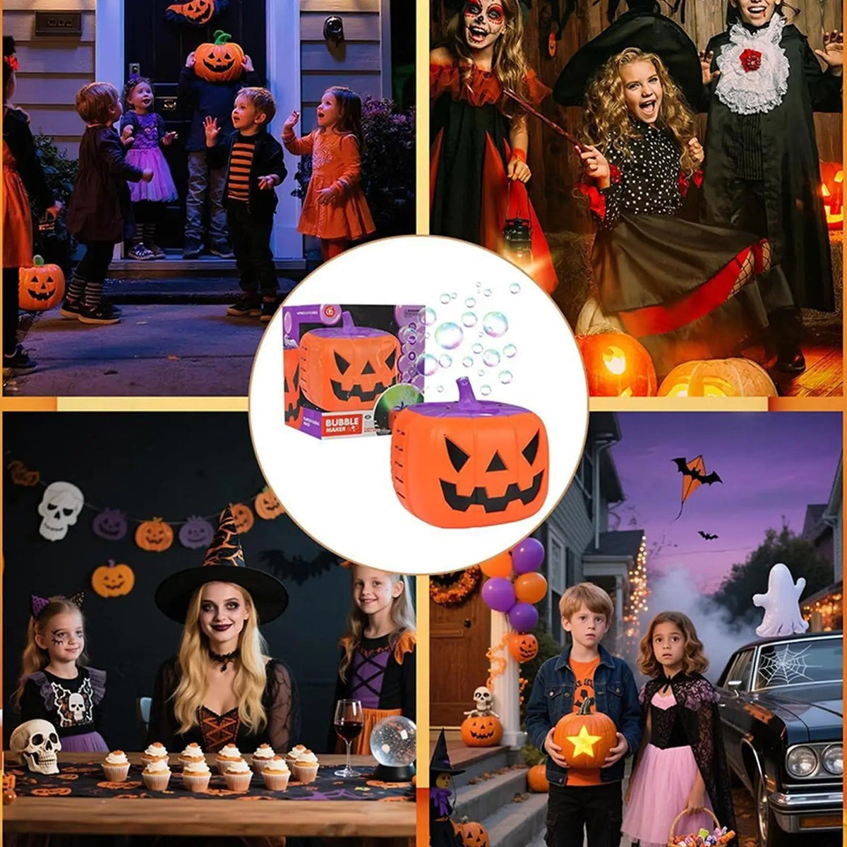 Halloween Pumpkin Bubble Machine with LED Lights and Automatic Blower for Party Outdoor Decoration