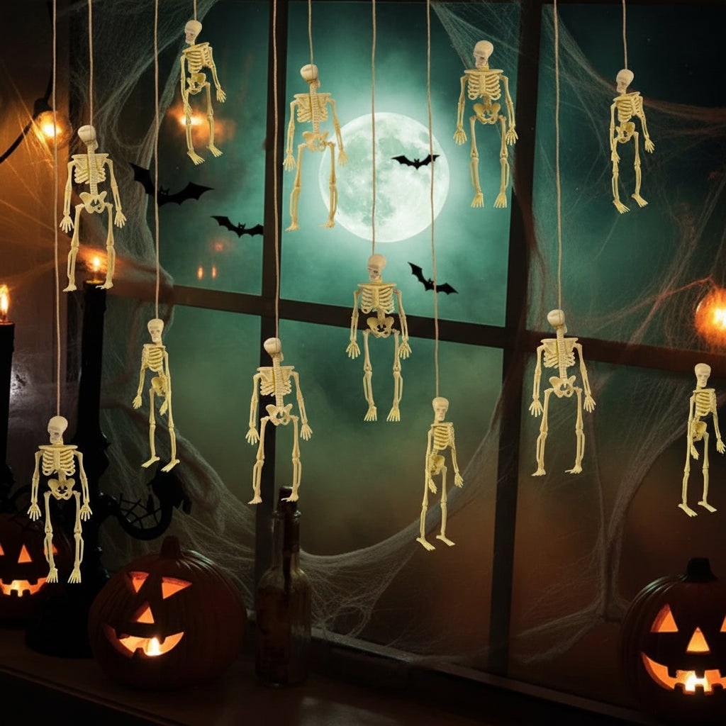 Halloween Skeleton Decorations Mini Plastic Posable Figurines with Jute Twine for Party and Haunted
