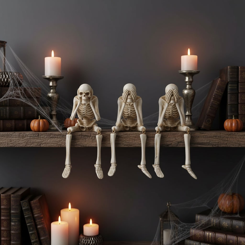 Halloween Skeleton Shelf Sitters Figurines with Dangling Legs and Poseable Joints