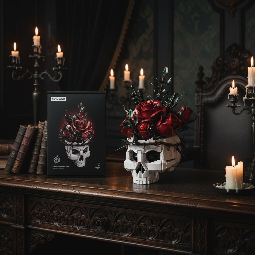Halloween Skull Building Blocks with Magnetic Tiles and Roses Gothic Decoration Kit