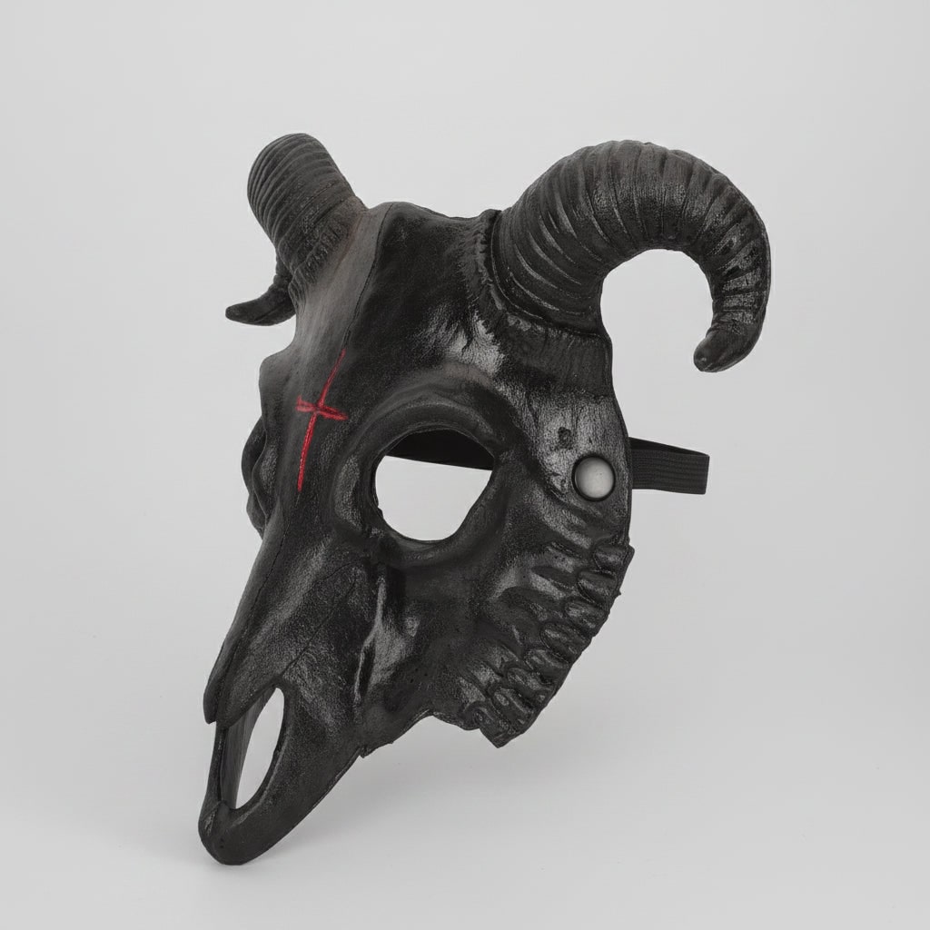 Halloween Skull Mask Goat Design with Horns and Inverted Cross for Costume Party and Haunted House