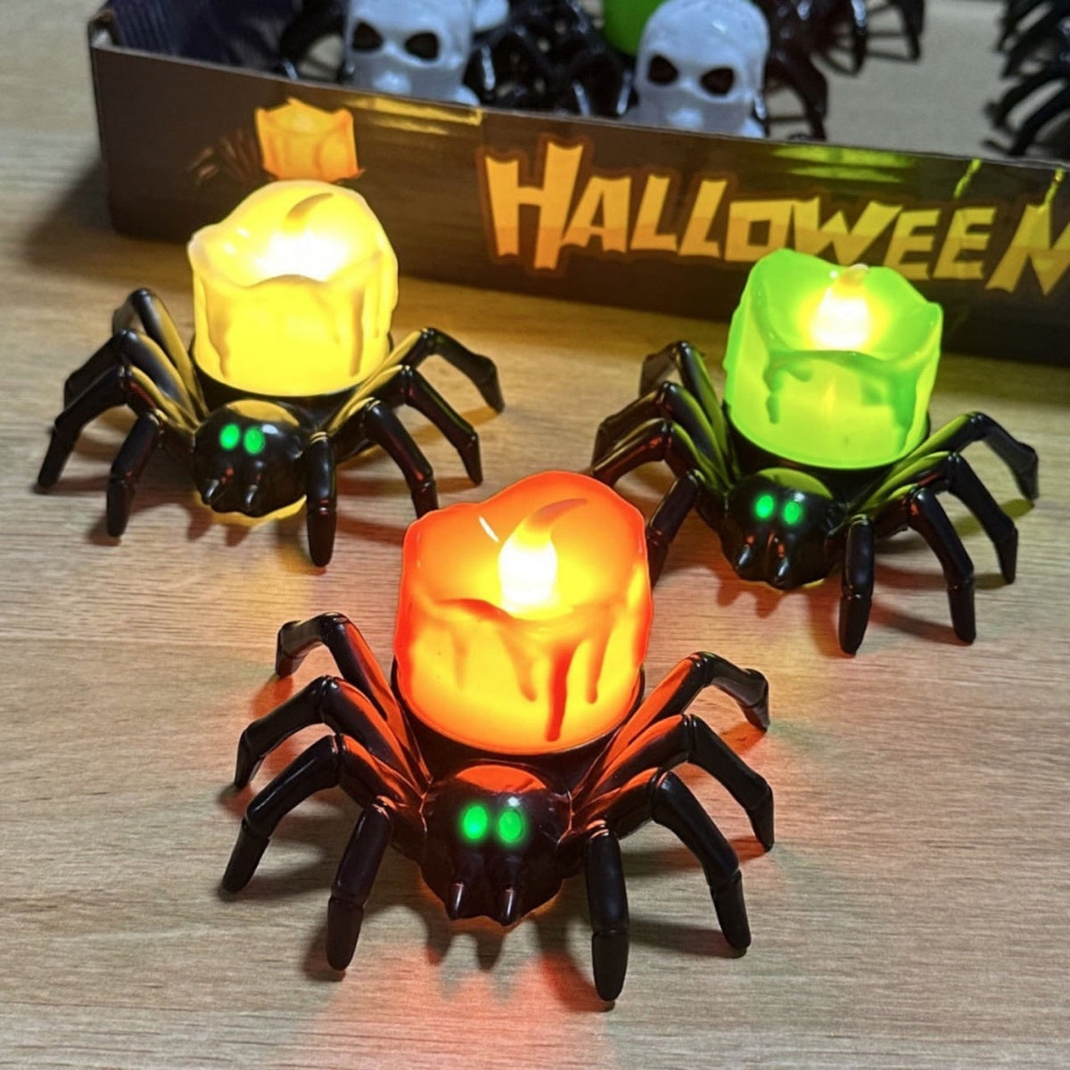 Halloween Spider Tea Lights with LED Candles Battery Operated Flameless Holder Decoration