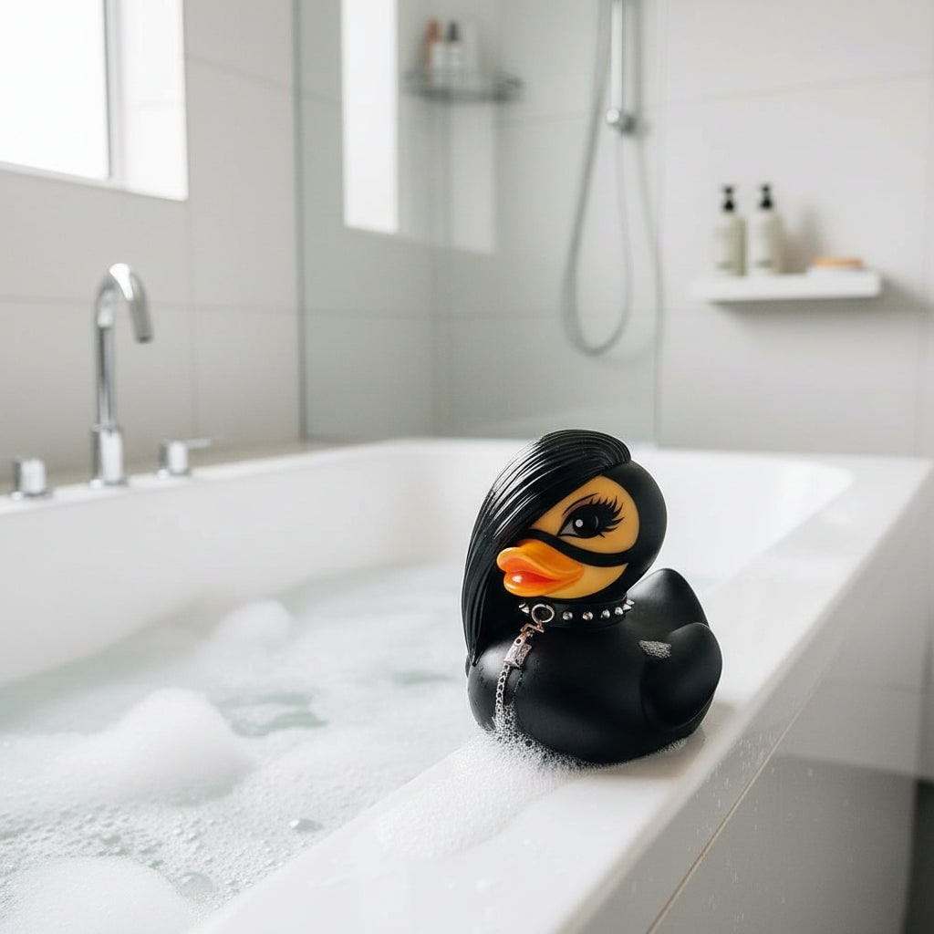 Halloween Spooky Rubber Duckling Squishy Duck Goth Punk Decoration with Studded Collar and Chains