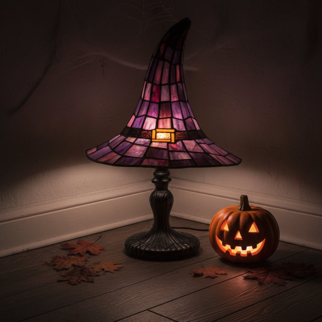Halloween Stained Glass Table Lamp with Witch Hat Design and Tiffany Style Lampshade