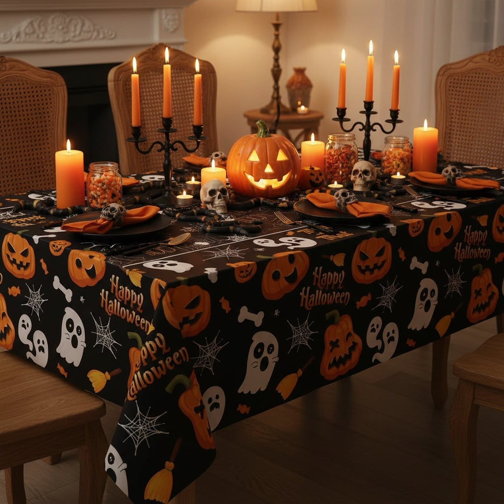 Halloween Tablecloth Disposable Plastic Table Cover with Pumpkin Ghost and Spiderweb Pattern