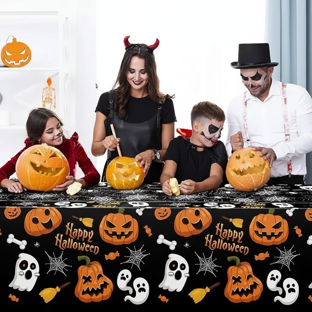 Halloween Tablecloth Disposable Plastic Table Cover with Pumpkin Ghost and Spiderweb Pattern