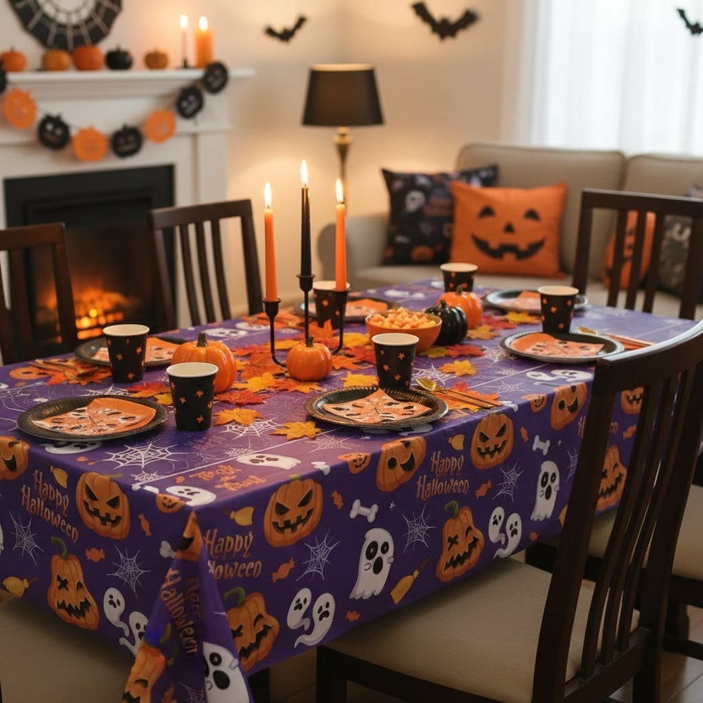 Halloween Tablecloth Disposable Plastic Table Cover with Pumpkin Ghost and Spiderweb Pattern
