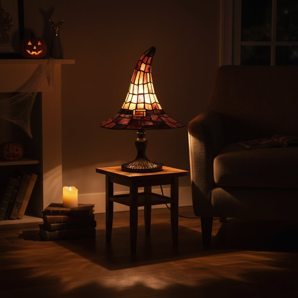 Halloween Tiffany Style Stained Glass Witch Hat Table Lamp with Warm Glow Bedside Set Of 2