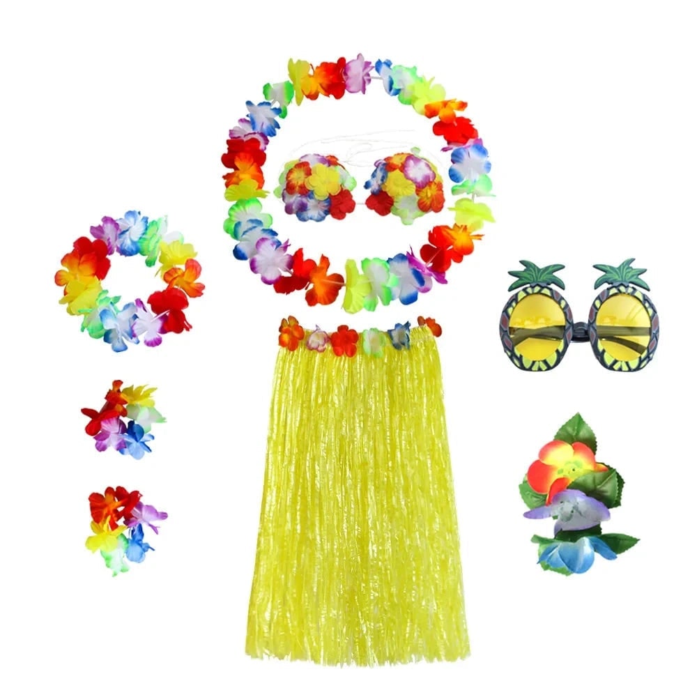 Halloween Two Piece Skirt and Top Matching Set Hawaiian Hula Costume with Grass Flower Lei