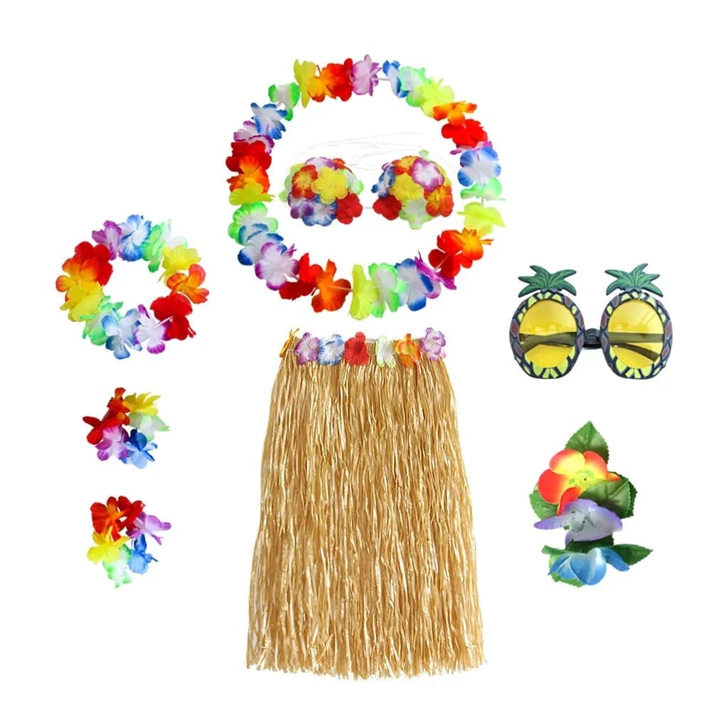 Halloween Two Piece Skirt and Top Matching Set Hawaiian Hula Costume with Grass Flower Lei