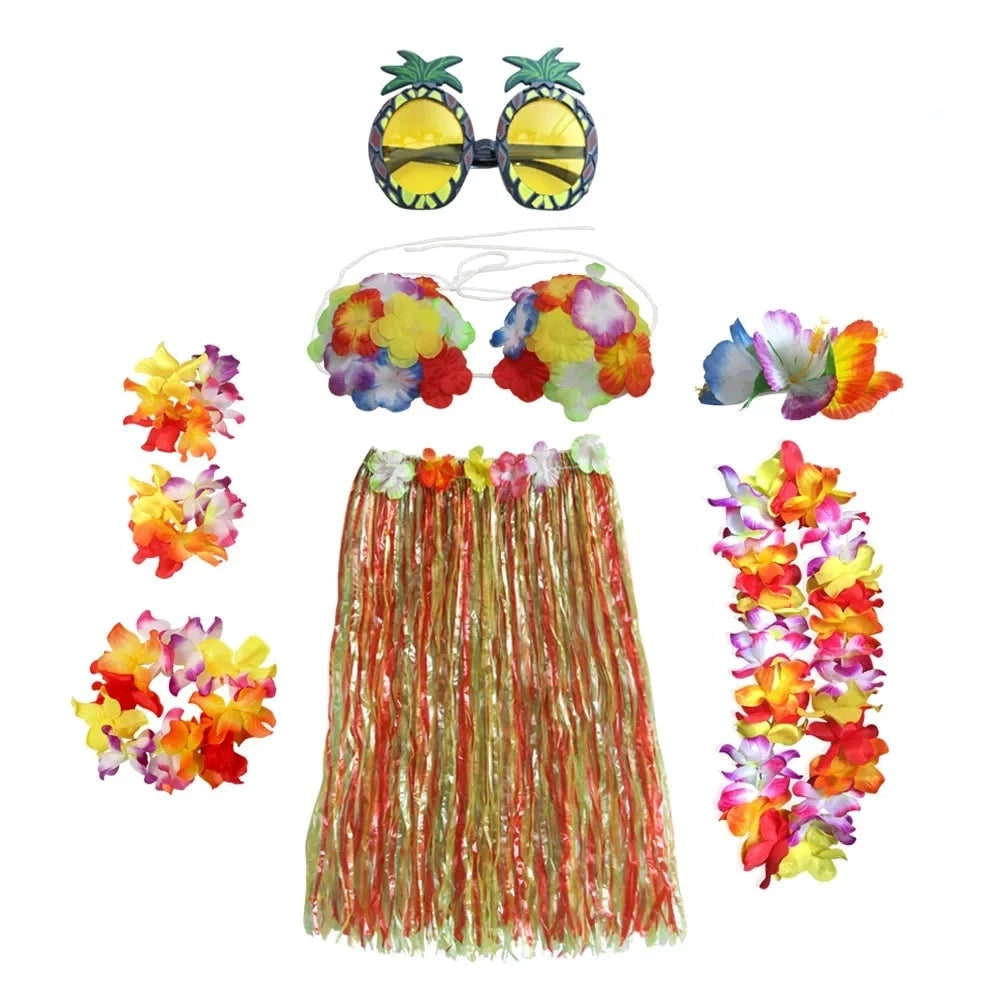 Halloween Two Piece Skirt and Top Matching Set Hawaiian Hula Costume with Grass Flower Lei
