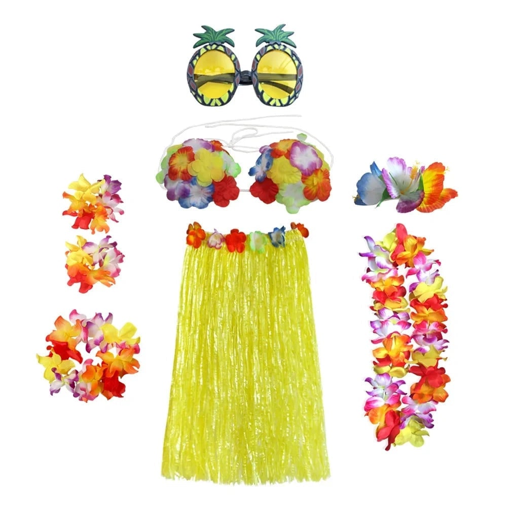 Halloween Two Piece Skirt and Top Matching Set Hawaiian Hula Costume with Grass Flower Lei