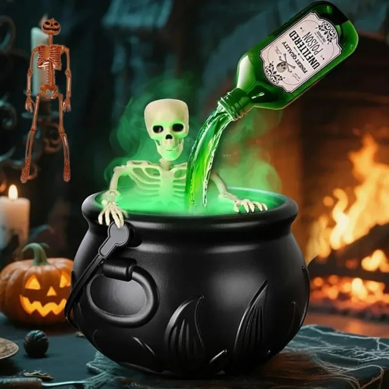 Halloween Witch Cauldron Decoration Fog Machine LED Lights and Floating Bottle Prop
