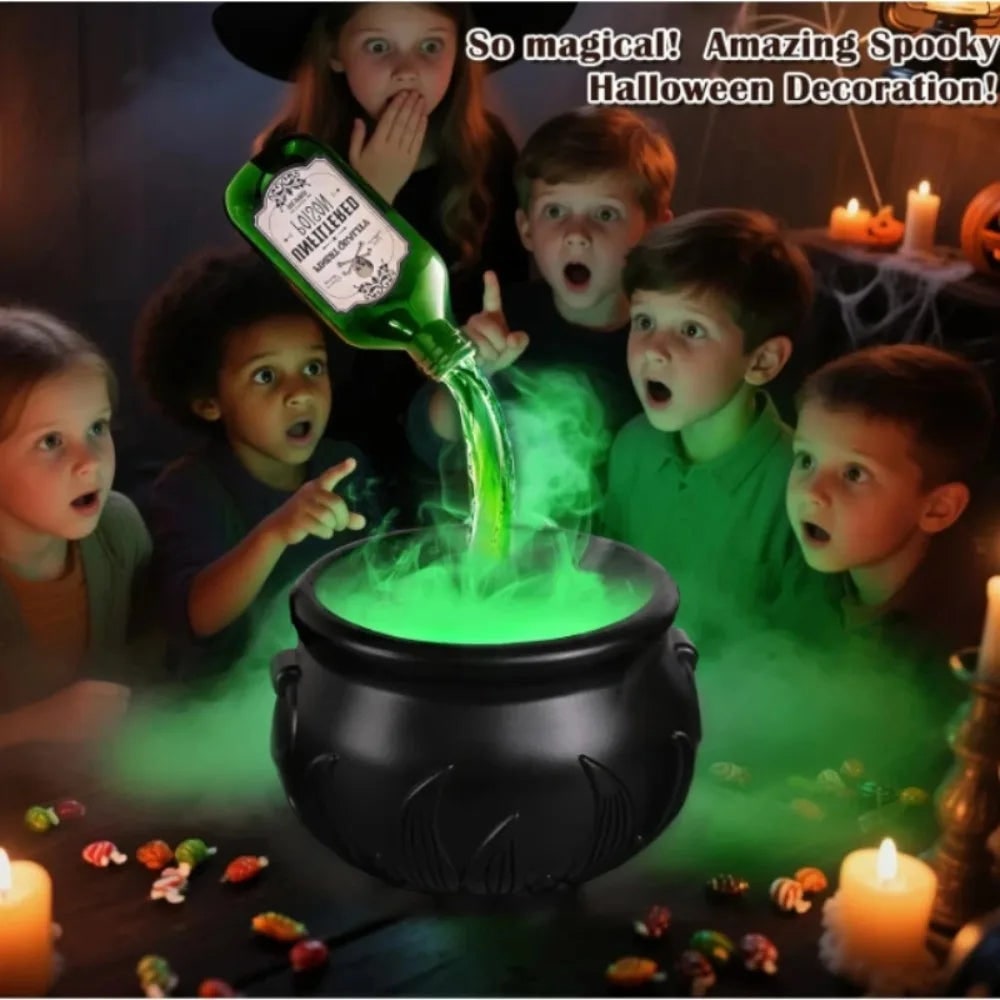 Halloween Witch Cauldron Decoration Fog Machine LED Lights and Floating Bottle Prop