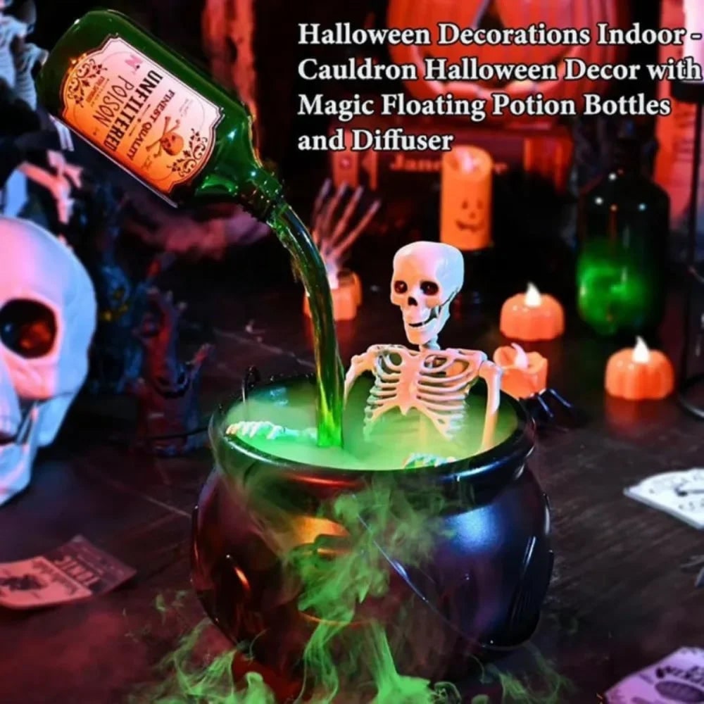 Halloween Witch Cauldron Decoration Fog Machine LED Lights and Floating Bottle Prop