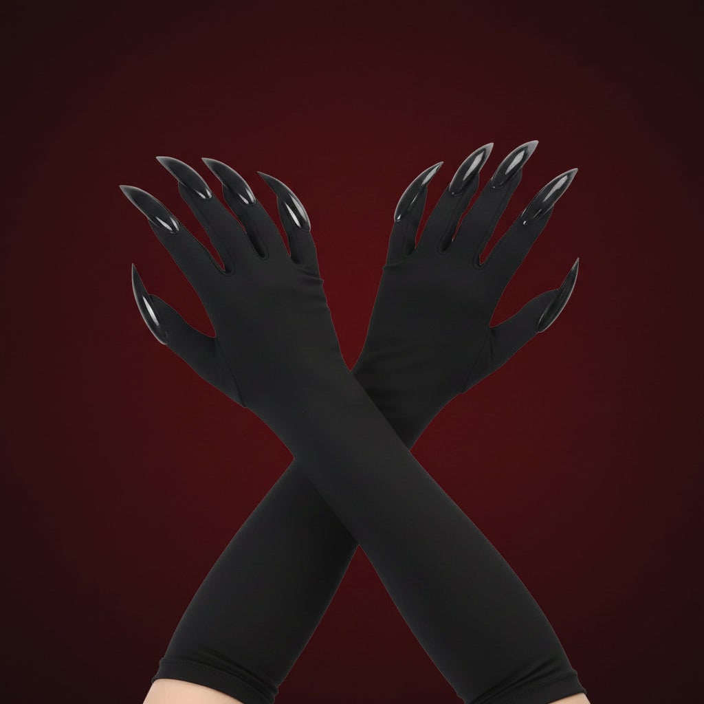 Halloween Witch Costume Claw Gloves Long Black Satin with Attached Talons Elbow Length