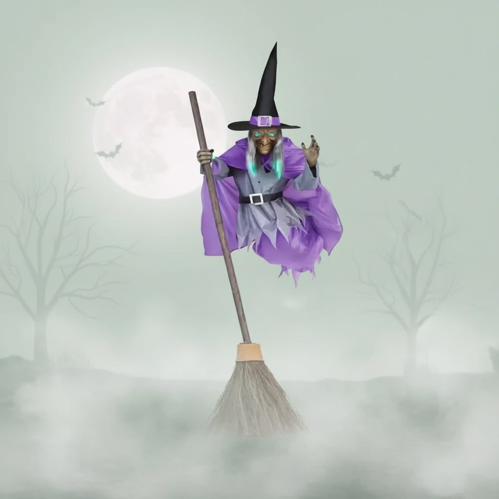Halloween Witch Decoration Blow Up with Glowing Eyes and Flying Broomstick for Outdoor Yard Prop
