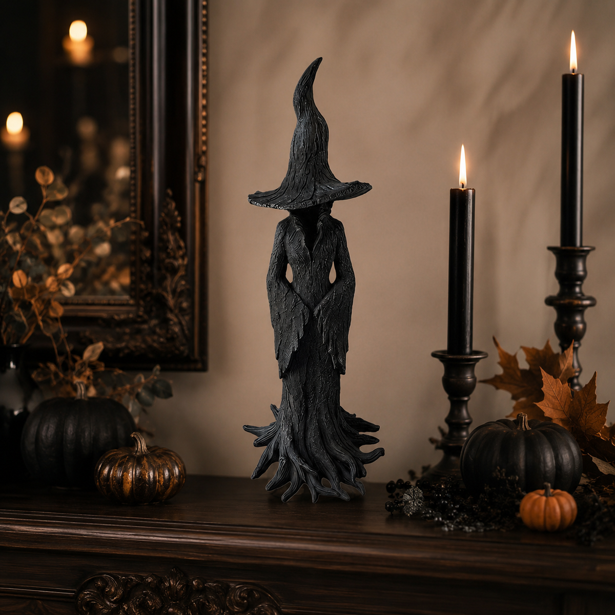 Halloween Witch Decoration Figurine with Textured Bark Finish and Root Base for Tabletop Decor