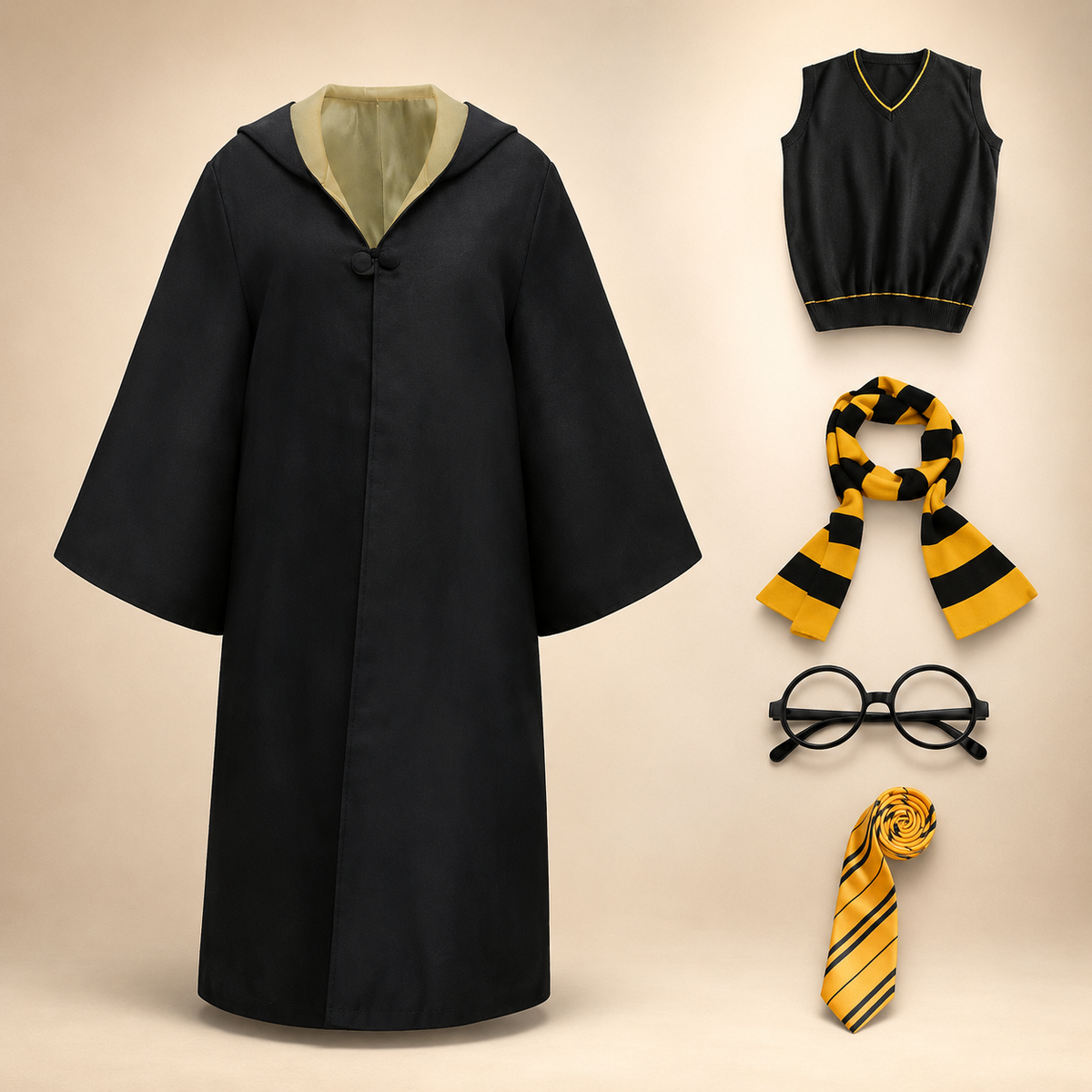 Halloween Wizard Robe Costume with Hood Bell Sleeves and Striped Scarf Accessory Set