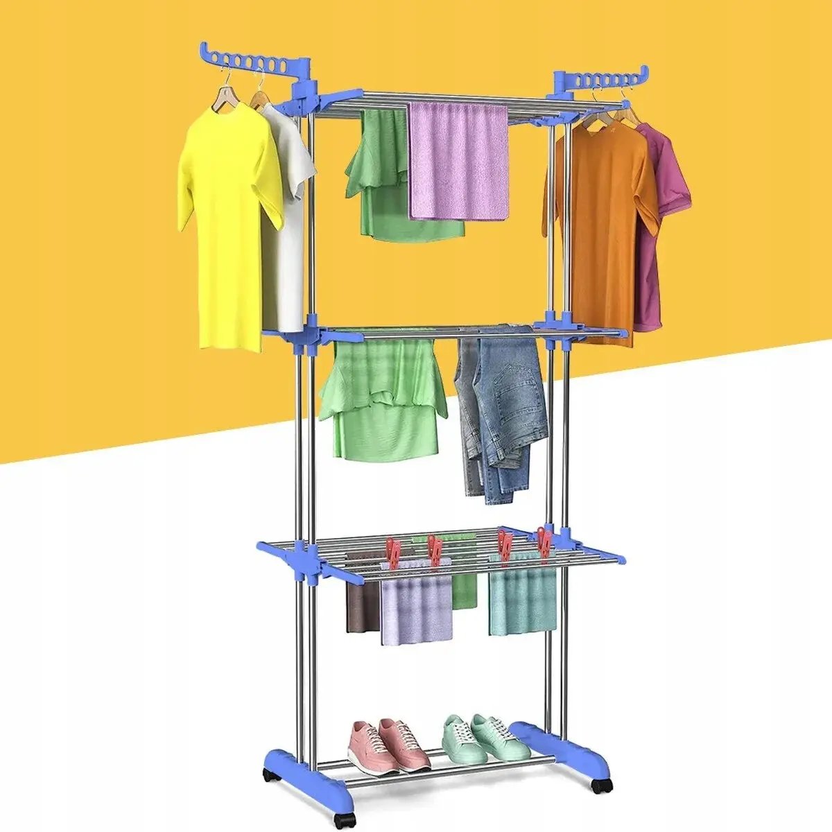 Vertical Clothes Drying Rack, 4-Tier Foldable Laundry Dryer with Adjustable Side Wings & Foldable Base