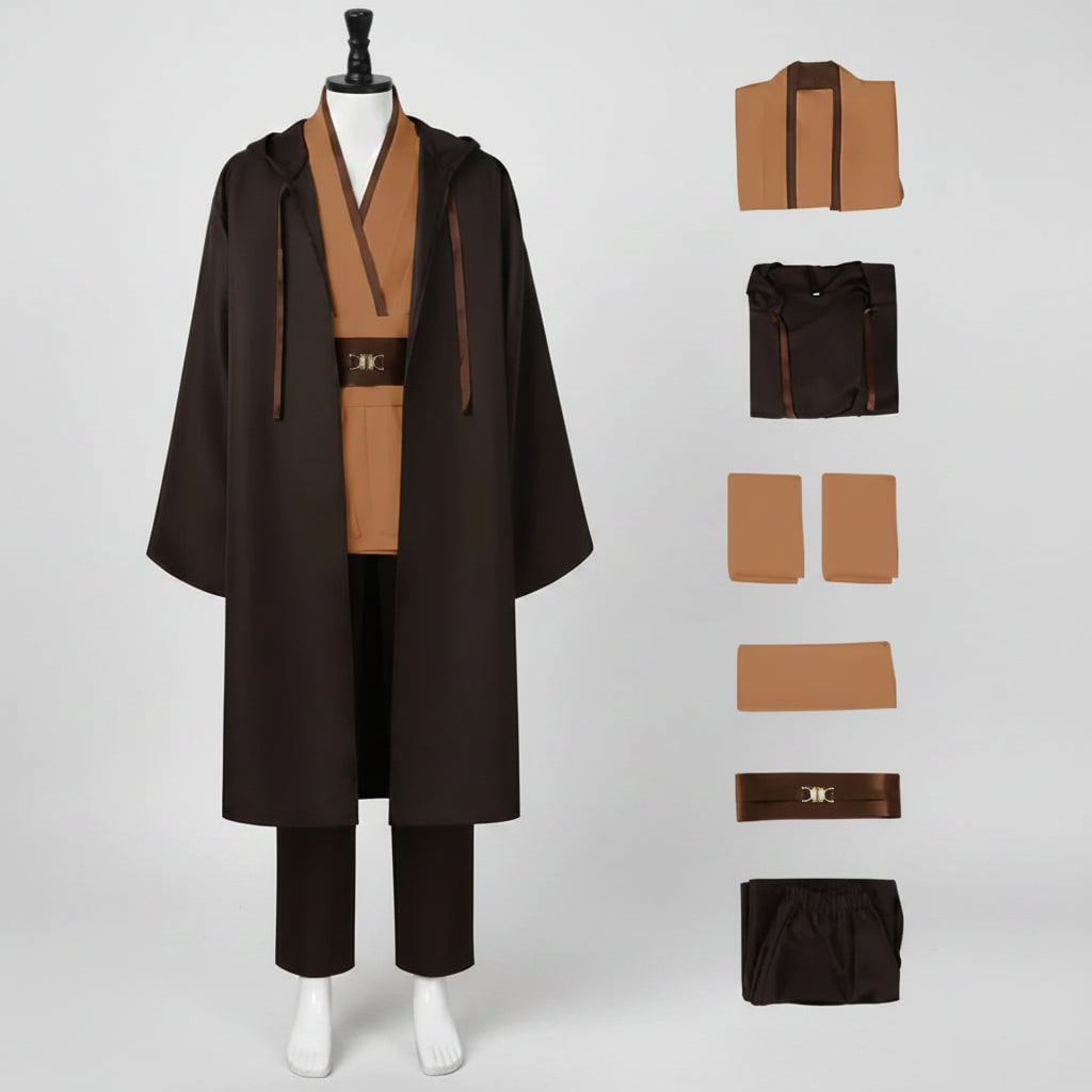 Halloween Jedi Costume Cosplay Outfit with Hooded Robe Tunic Sash and Belt for Party