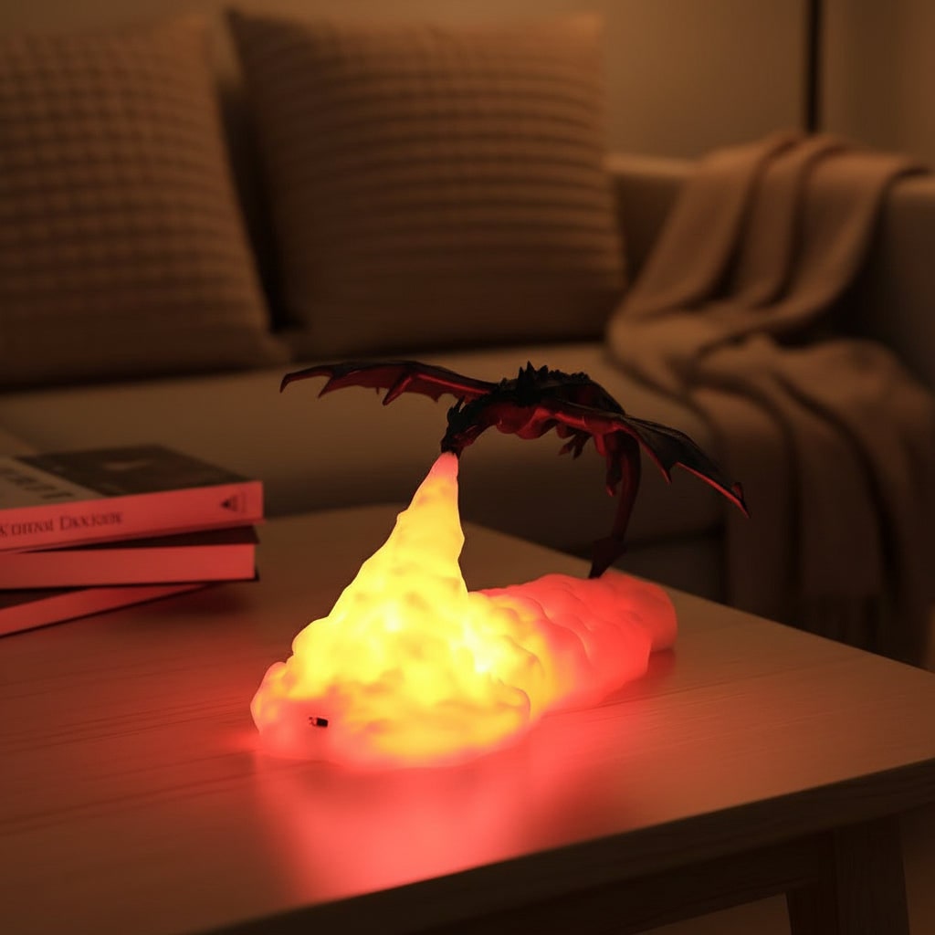 Kids' Halloween 3D Printed Dragon Night Light Lamp with LED Fire Glow Base for Room Decoration