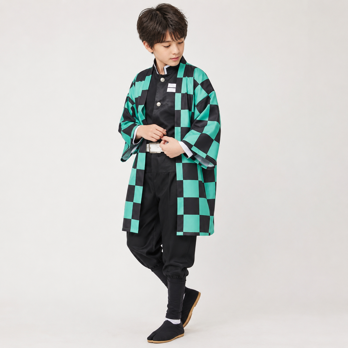 Kids' Halloween Anime Cosplay Costume with Checkered Haori Jacket and Character Accessories for Party