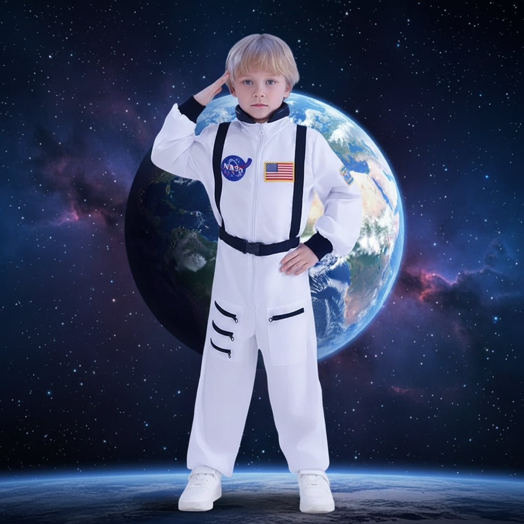 Kids' Halloween Astronaut Suit Costume for Space Patches and Jumpsuit Design Female