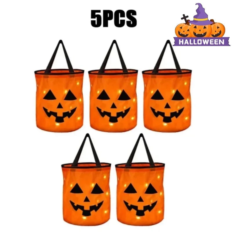 Kids' Halloween Candy Bucket and Bag with LED Light-Up Jack-O'-Lantern Pumpkin Pail for Trick or Treat