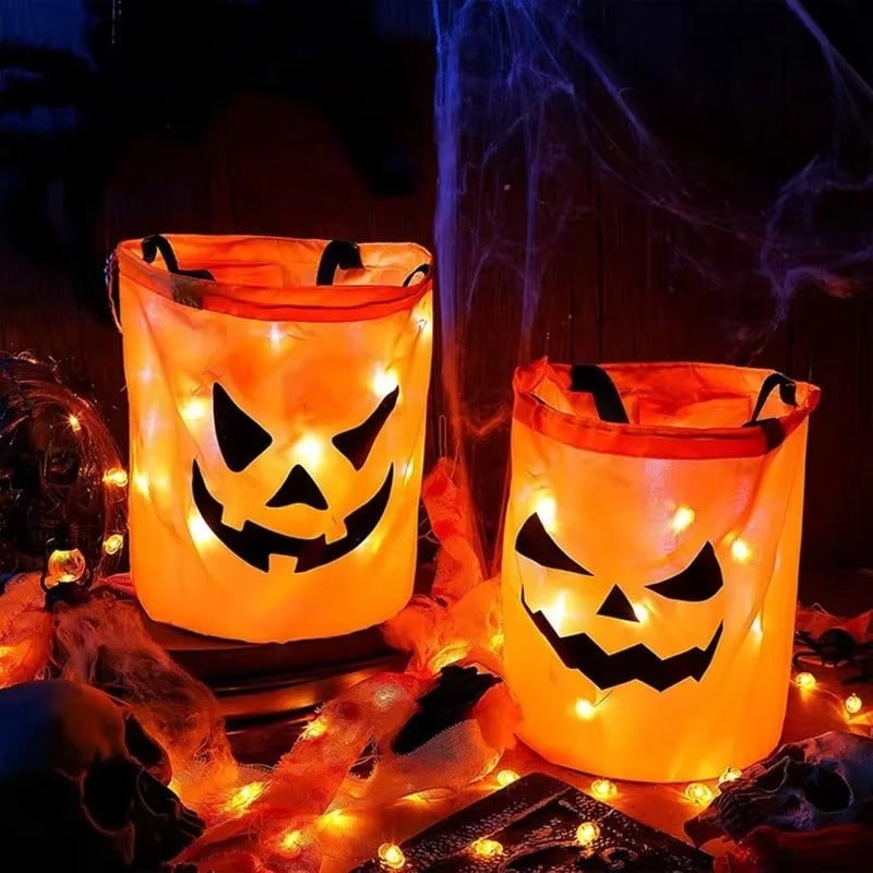 Kids' Halloween Candy Pumpkin Bucket with LED Lights and Handle for Trick or Treat Basket