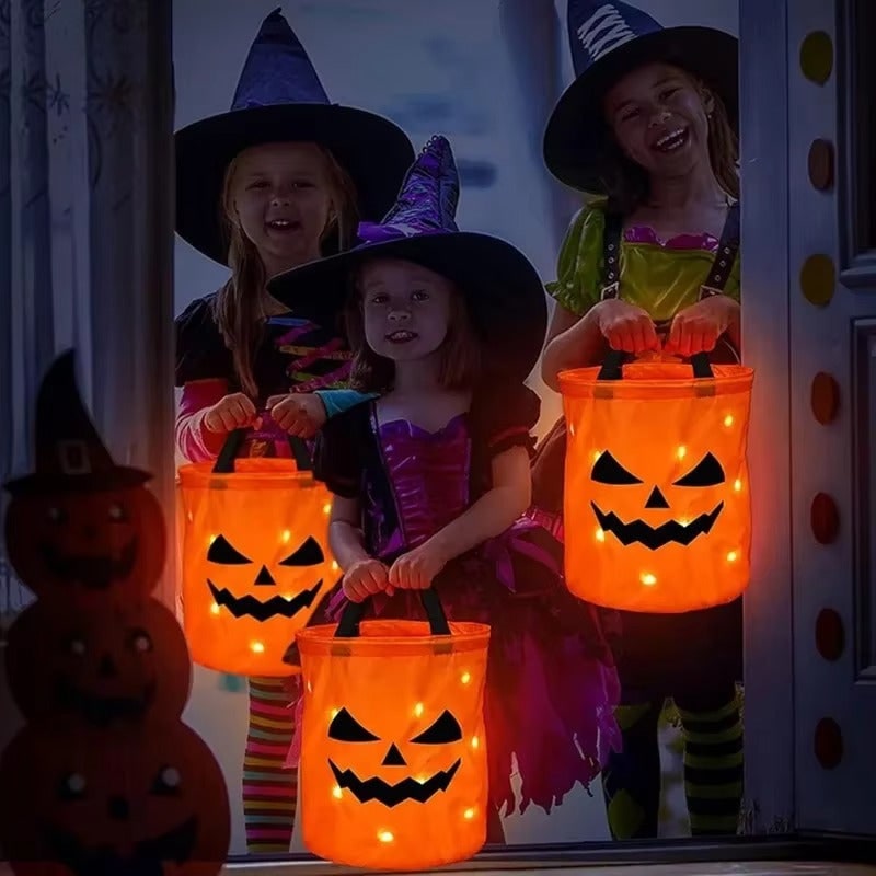 Kids' Halloween Candy Pumpkin Bucket with LED Lights and Handle for Trick or Treat Basket