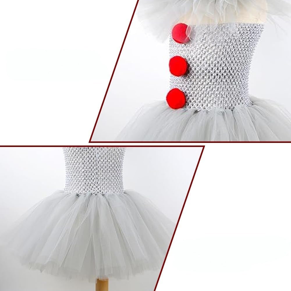 Kids' Halloween Clown Costume Outfit Female with Tutu Dress Hair Clips Gloves and Collar for Party