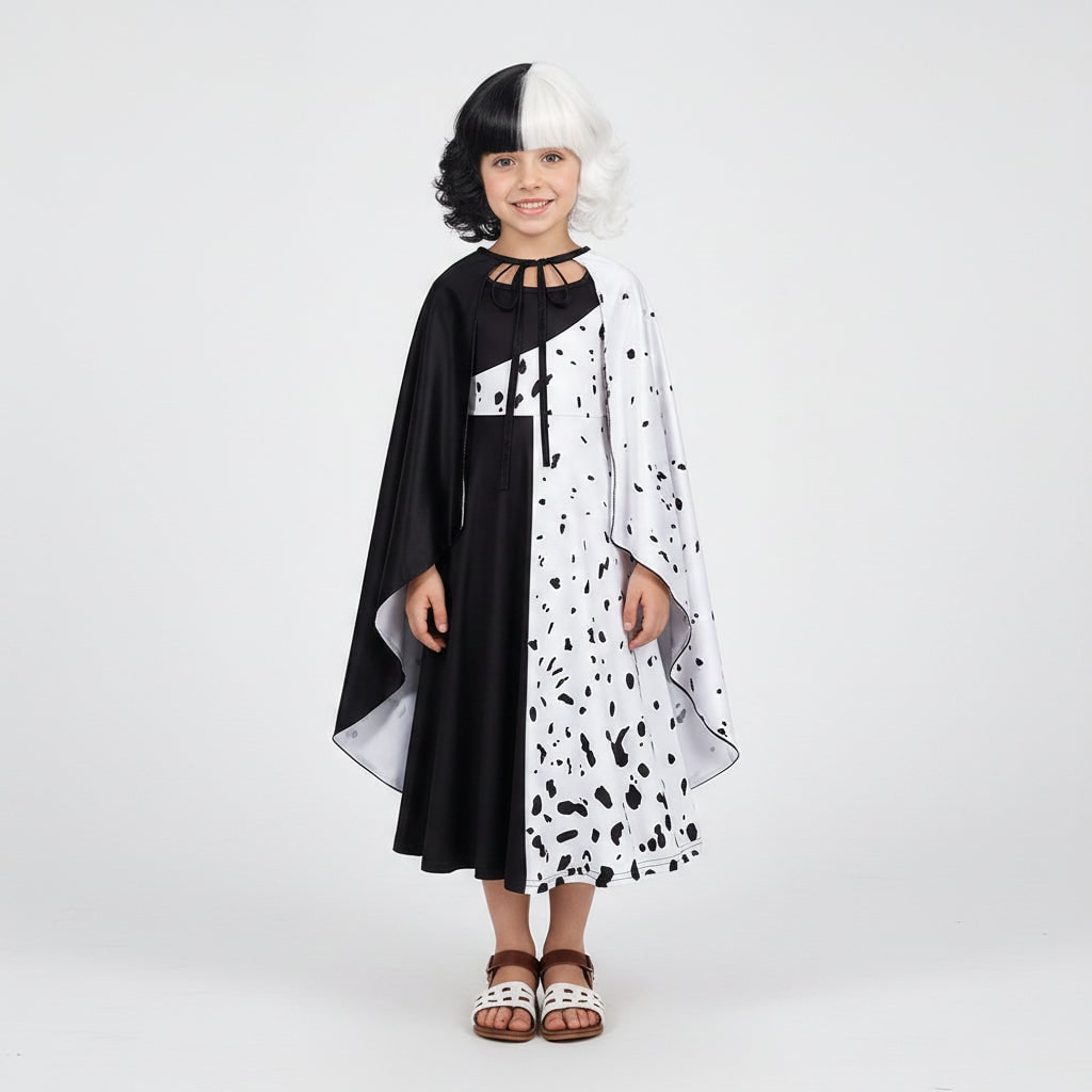 Kids' Halloween Cruella De Vil Costume with Split Black and White Dress Cape