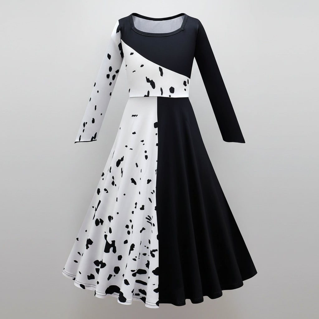 Kids' Halloween Cruella De Vil Costume with Split Black and White Dress Cape