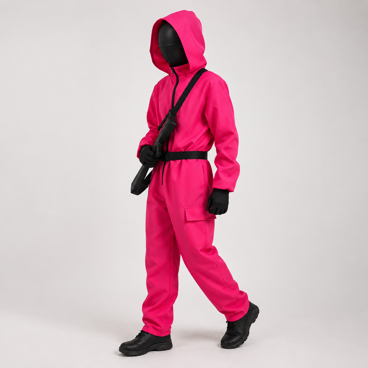 Kids' Halloween Hooded Jumpsuit Costume with Mask Belt and Cargo Pockets Pink