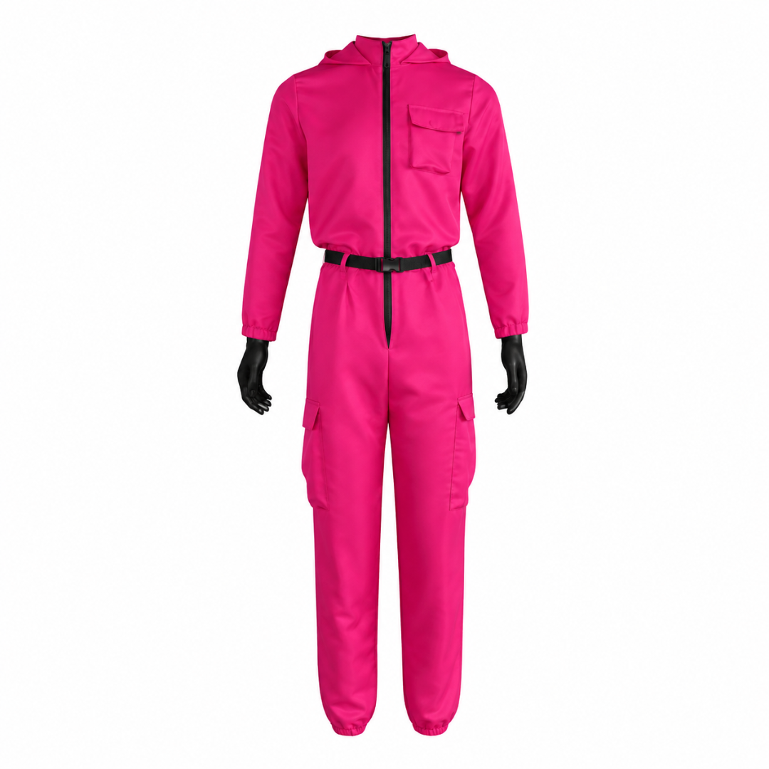 Kids' Halloween Hooded Jumpsuit Costume with Mask Belt and Cargo Pockets Pink