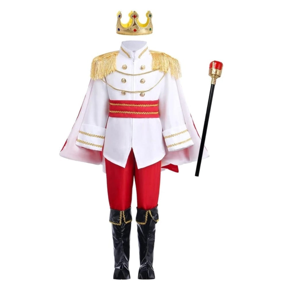 Kids' Halloween Royal Prince Costume Set with Gold Crown Scepter and Red Cape