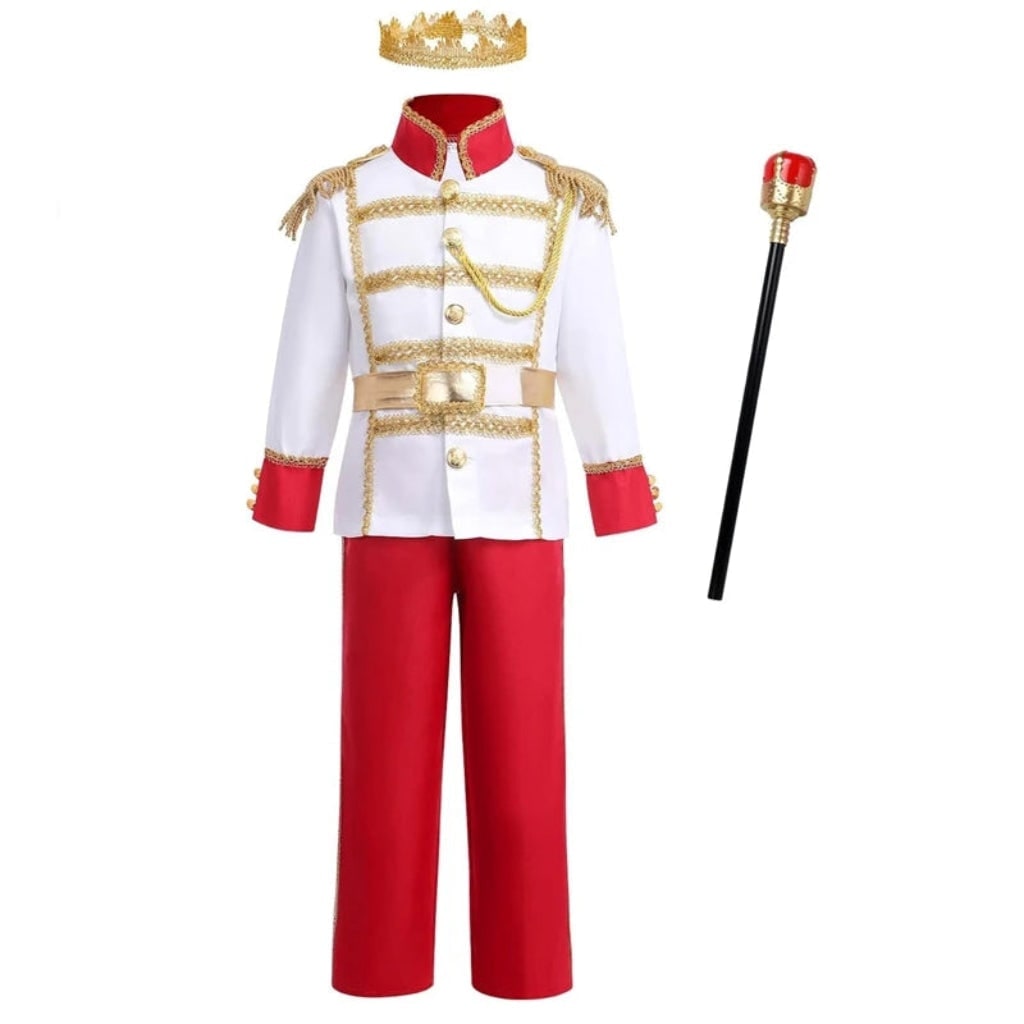 Kids' Halloween Royal Prince Costume Set with Gold Crown Scepter and Red Cape
